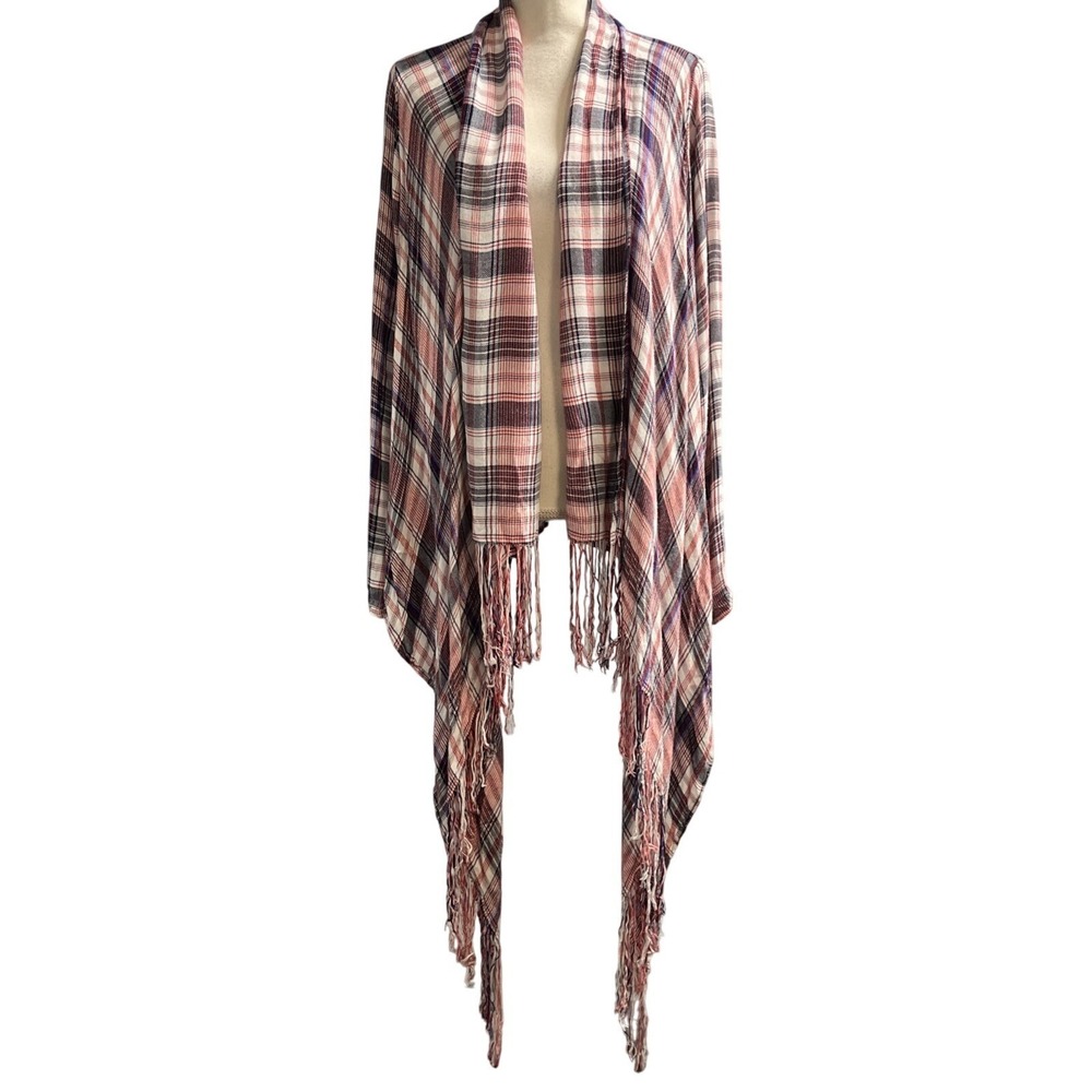 Womens Plaid Topper Cardigan OS Blue Red Asymmetrical‎ Fringe Western Rodeo
